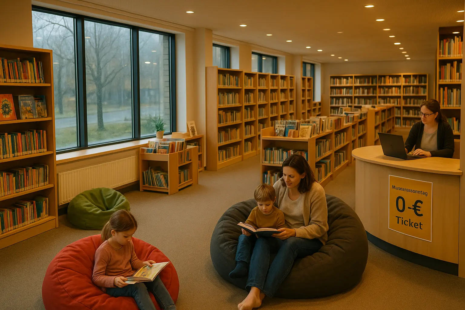 Gemütliche Bibliothek bei Regen – Leseecke für Kinder